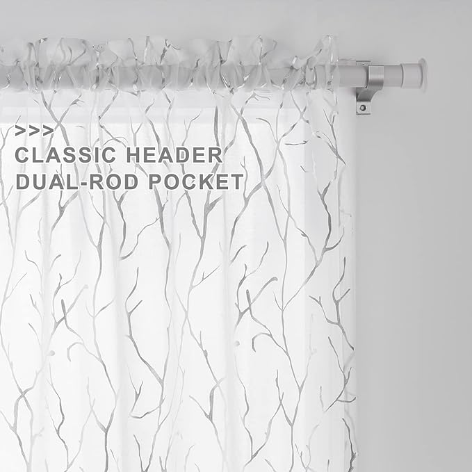 Silver White Café Curtains 45 Inch Length 2 Panels Metallic Silver Foil Tree - Image 3