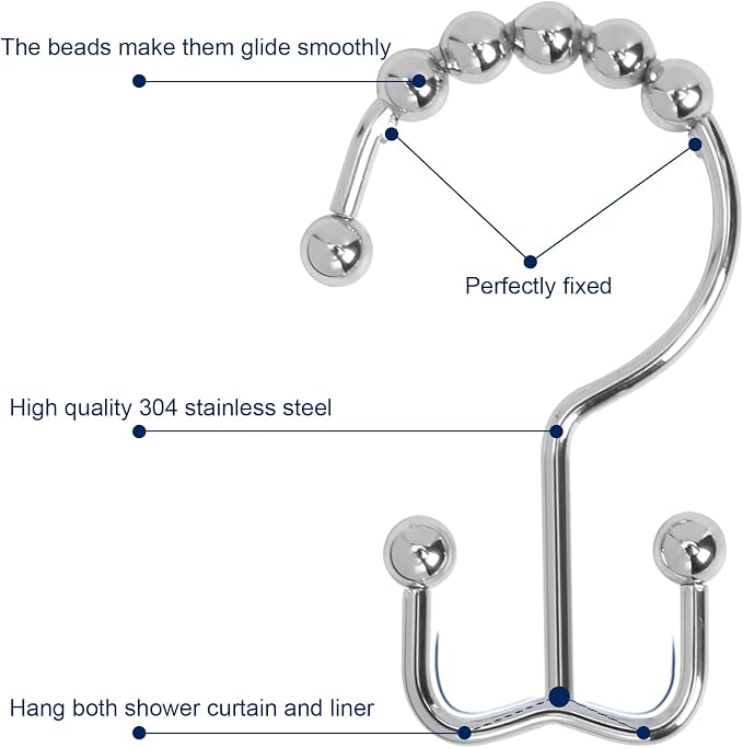 Shower Curtain Hooks, Sturdy Stainless Steel Double Sided Shower Hooks Rings - Image 3