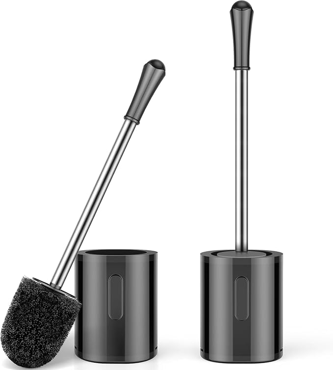 Compact Size Toilet Brush & Holder, 2 Pack, Stainless Steel Handle, Space Saving by AONEZ