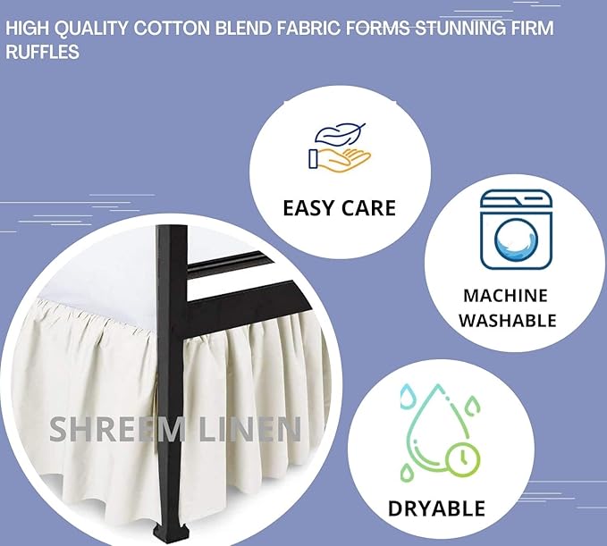 Shreem Linen Ruffled Bed Skirt with Split Corners, Gathered Style, 100% Microfiber, 16-Inch Drop, Dust Ruffle Bedskirt with Platform, Queen-XL, Ivory