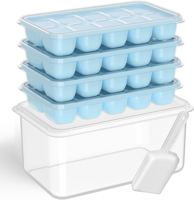 DOQAUS Ice Cube Tray with Lid and Bin, 4 Pack Silicone Plastic Ice Cubes Trays by DOQAUS