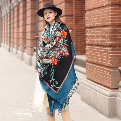 DANA XU 100% Merino Wool Pashmina Shawl for Women 96"x43", Oversized Cashmere Wrap with Tassels, Floral Travel Blanket Cape