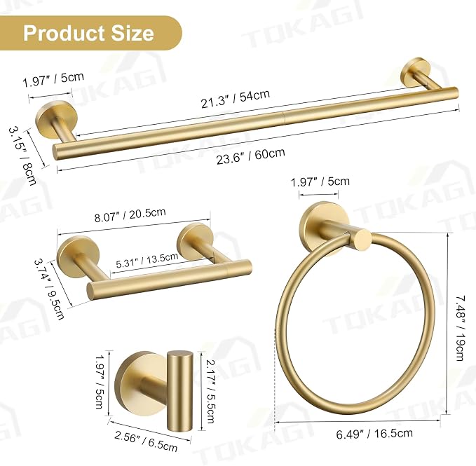 TQKAG 8-Pieces Bathroom Hardware Set Brushed Gold SUS304 Stainless Steel Bath - Image 6