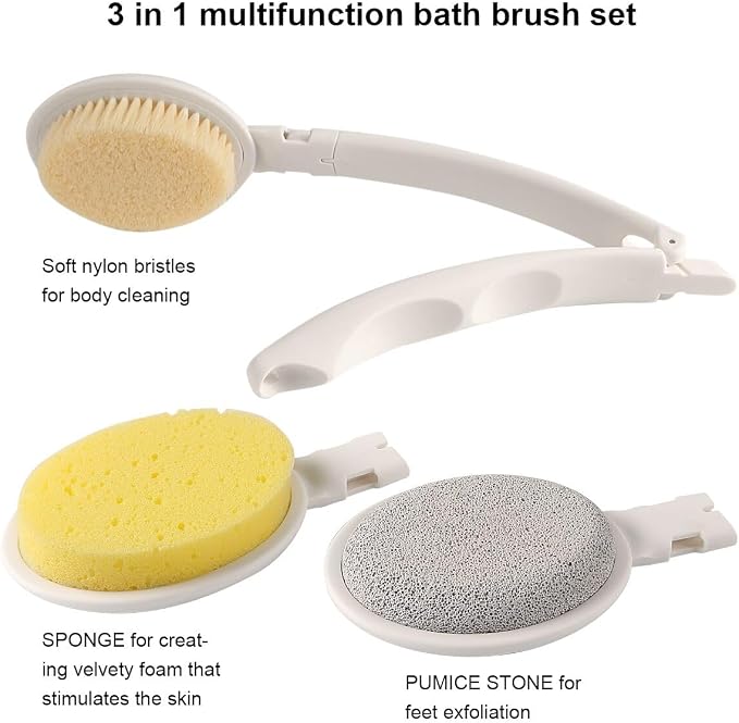 LFJ 19" Long Handle Shower Sponge Brush Set, 3 in 1 Body Brush, Bath Sponge and - Image 4