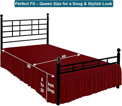 Shreem Linen Ruffled Bed Skirt with Split Corners, Gathered Style, 100% Microfiber, 12-Inch Drop, Dust Ruffle Bedskirt with Platform, Queen, Burgundy