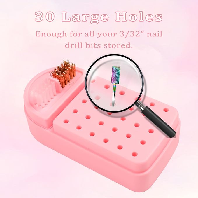 Nail Drill Bits Holder 2 in 1 Nail Drill Bits Cleaning Brush Case, 30 Holes - Image 2