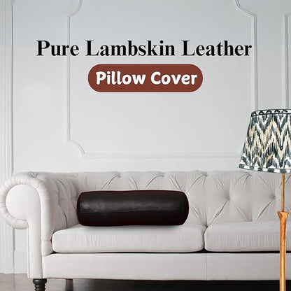 Neck Roll Pillow Cushion Cover, 16x6 Inch Full Moon Round Bolster Pillow Case, Cylinder Soft Lambskin Leather Pillowcase for Head, Spine & Neck Support During Sleep - Black Pack of 2