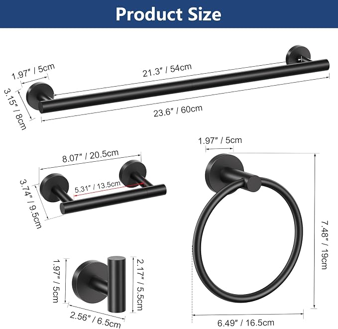 TQKAG Matte Black 5 Piece Bathroom Hardware Accessories Set 23.6" SUS304 - Image 6