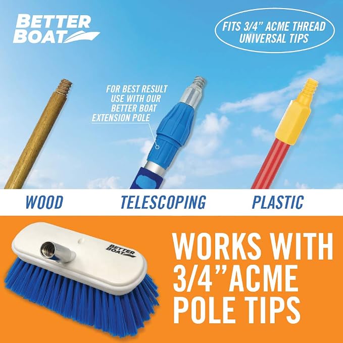 Medium Boat Deck Brush, Heavy-Duty Marine Brush Head, 3/4" Thread Handle - Image 3