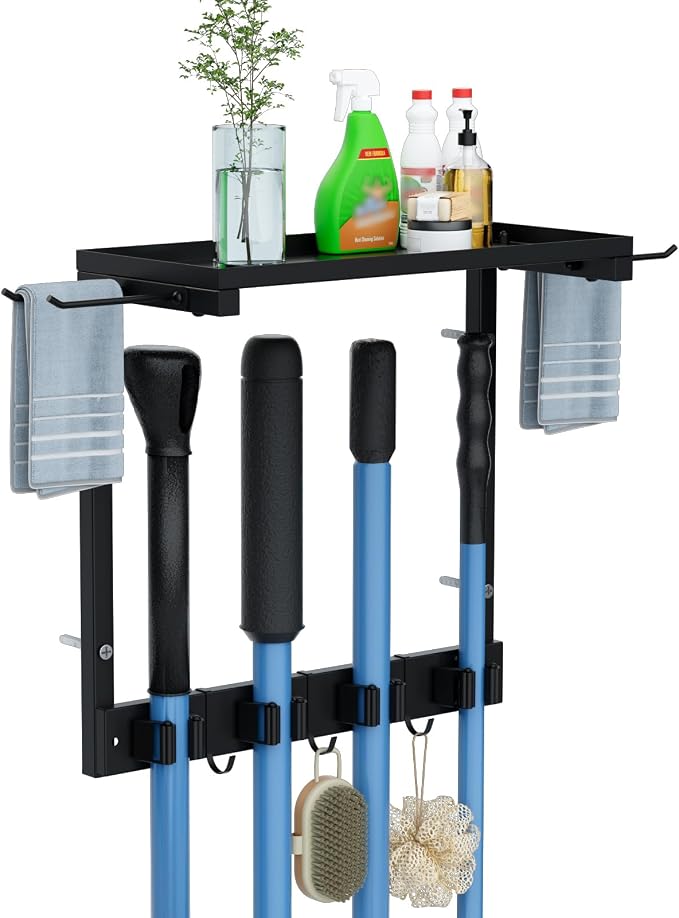 Broom Holder Wall Mount with Cleaning Supplies Organizer, Laundry Room by Unknown