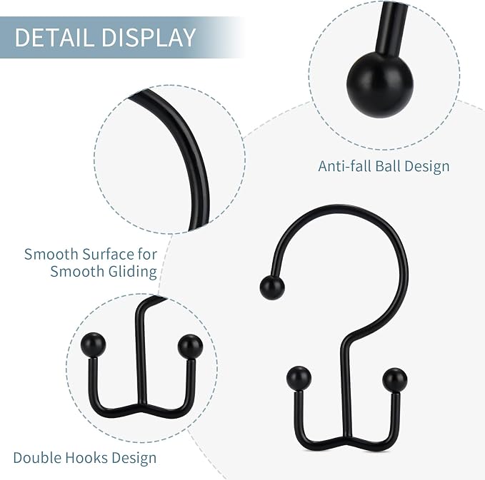 Goowin Shower Curtain Hooks, Durable Rust Proof Black Shower Curtain Hooks - Image 4