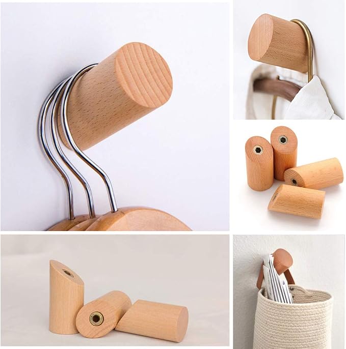 Wood Wall Hooks, 4 Pack Coat Hooks Mounted Rustic Wooden Heavy Duty Robe Hook - Image 3