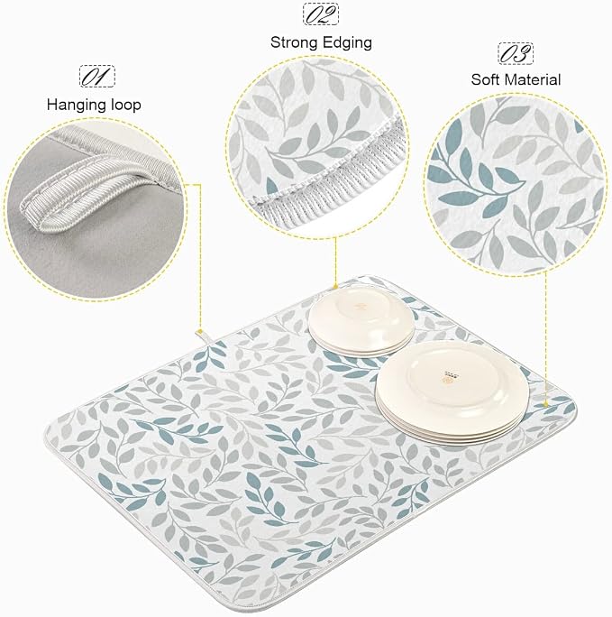 Grey and Blue Leaves branches Dish Drying Mat 16x18 - Image 4
