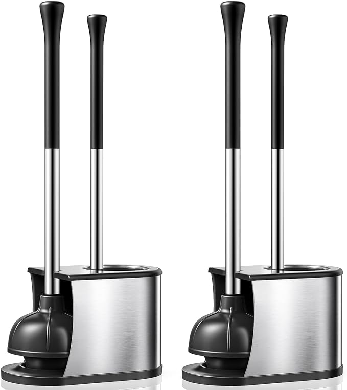 HAMITOR Toilet Plunger and Brush Set: 2 Pack 2 in 1 Stainless Steel Rustproof by HAMITOR