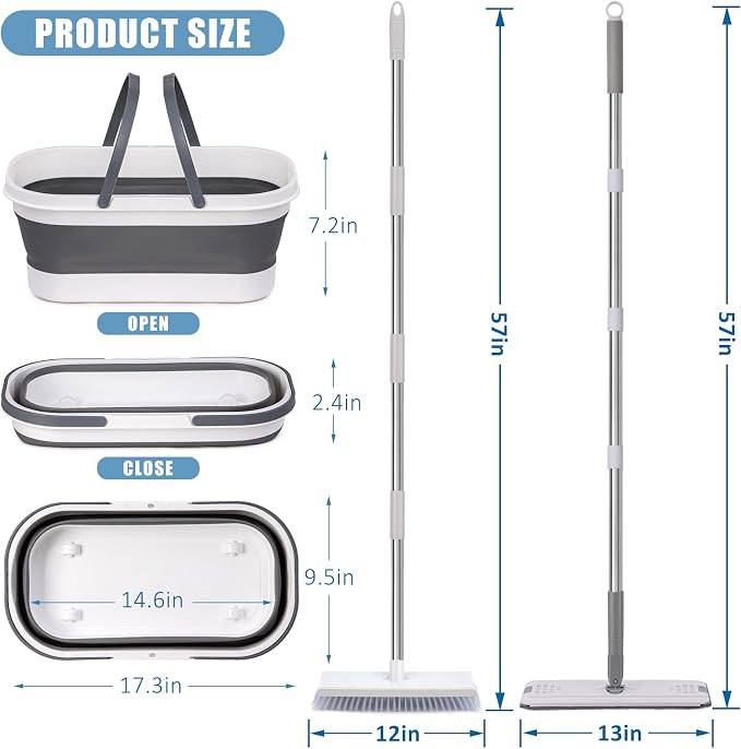 Flat Mop and Bucket Set with Floor Squeegee, Heavy Duty Scrub Brush, 2 Washable - Image 8
