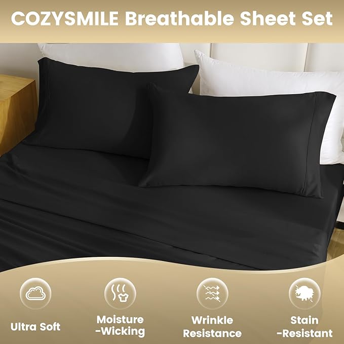 Twin XL Sheet Set - 3 Piece Silky Soft Breathable Bed Sheet & Pillowcase Set, 16" Deep Pocket Hotel Luxury Wrinkle Free Easy Care Bedding Sheets, Black