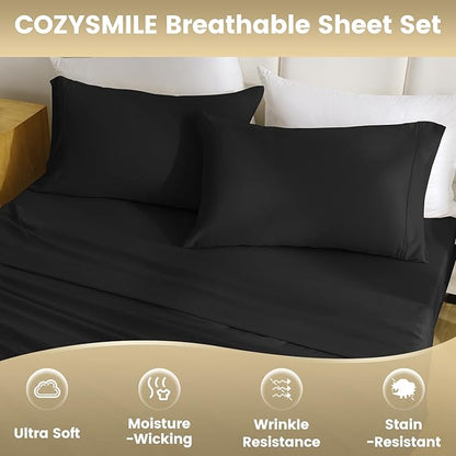 Twin XL Sheet Set - 3 Piece Silky Soft Breathable Bed Sheet & Pillowcase Set, 16" Deep Pocket Hotel Luxury Wrinkle Free Easy Care Bedding Sheets, Black