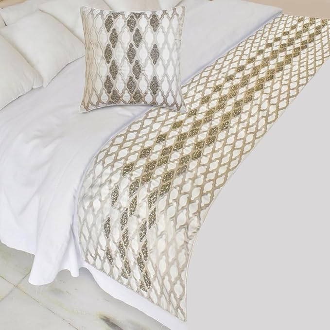 The HomeCentric King/Queen/Twin Ivory Luxury CA King 86"x18" Bed Runner with Two Pillow Cover, Bead Hand Embroidery Bed Scarf on Jacquard Fabric - Priscilla Dazzle