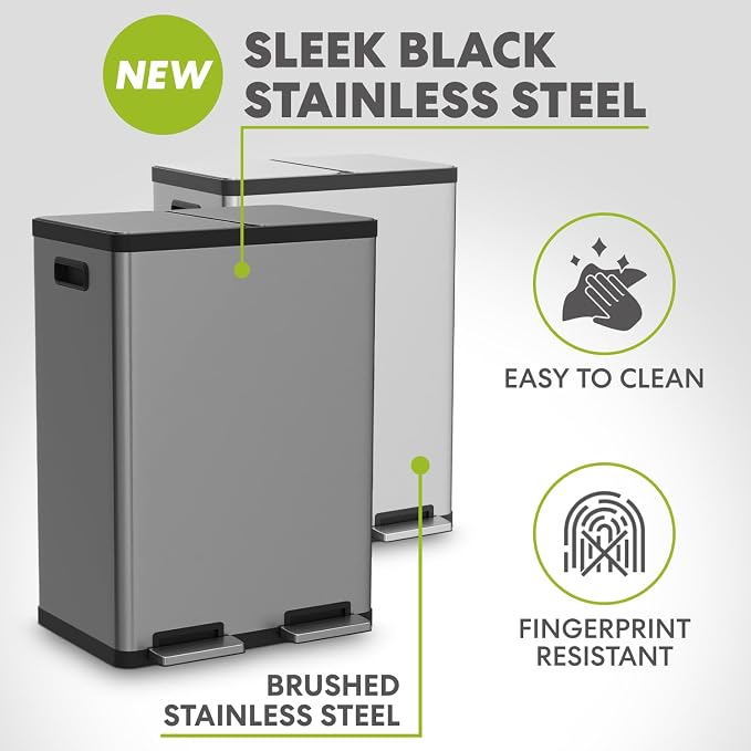 SIMPLI-MAGIC 16 Gallon Elegant Black Step Trash Can – Dual Compartment Kitchen - Image 3