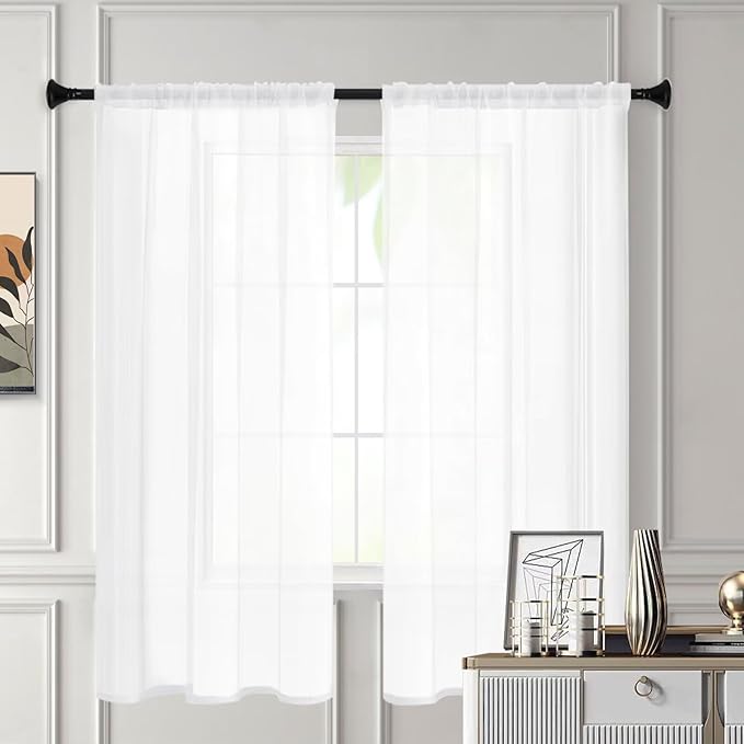 White Sheer Curtains 45 Inches Long 2 Panels, Rod Pocket Short Curtain for Kitchen, Bedroom, Cafe Window(White 38" W x 45" L)
