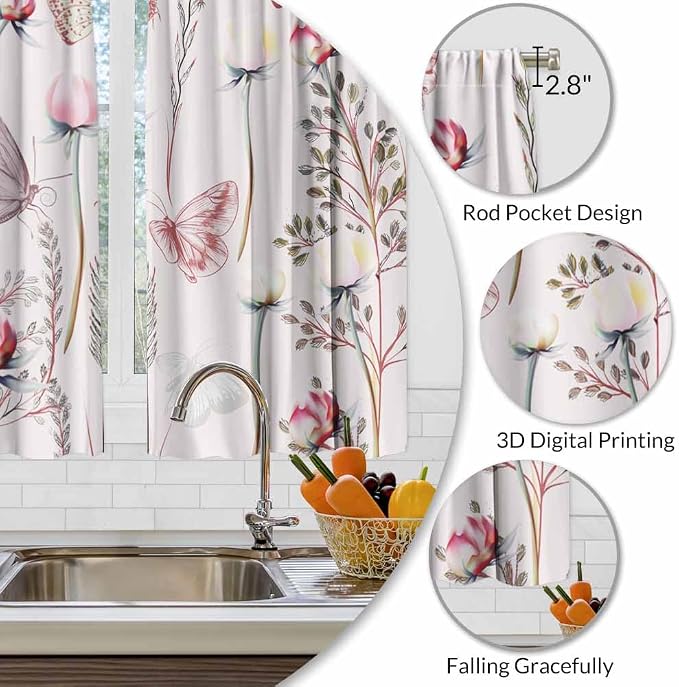 Pink Floral Kitchen Curtains Pretty Elegant Peony Rose Lovely Butterfly Short - Image 3