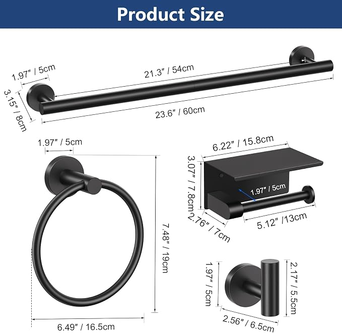 TQKAG 5 Piece Bathroom Towel Bar Holder Sets Matte Black Bathroom Hardware Set - Image 7
