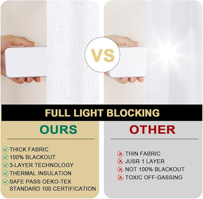 PrinceDeco Pure White Blackout Curtains 63 Inches Long Short Blackout Curtains 2 Panels Sets for Bedroom Living Room Grommet Full Light Blocking Linen Curtains Energy Saving with White Liner