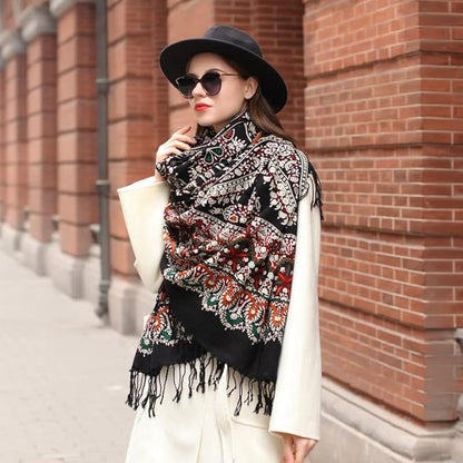 DANA XU 100% Merino Wool Extra Large Pashmina Blanket Travel Scarf Cashmere Wrap for Women Fall Winter Oversize Shawl Floral