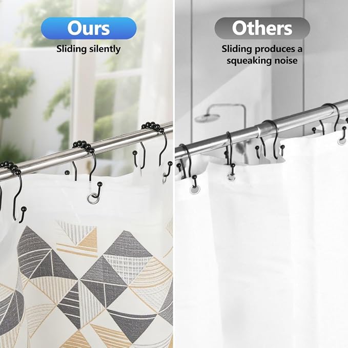 Shower Curtain Hooks, Sturdy Metal Black Shower Curtain Rings, Glide Roller - Image 4