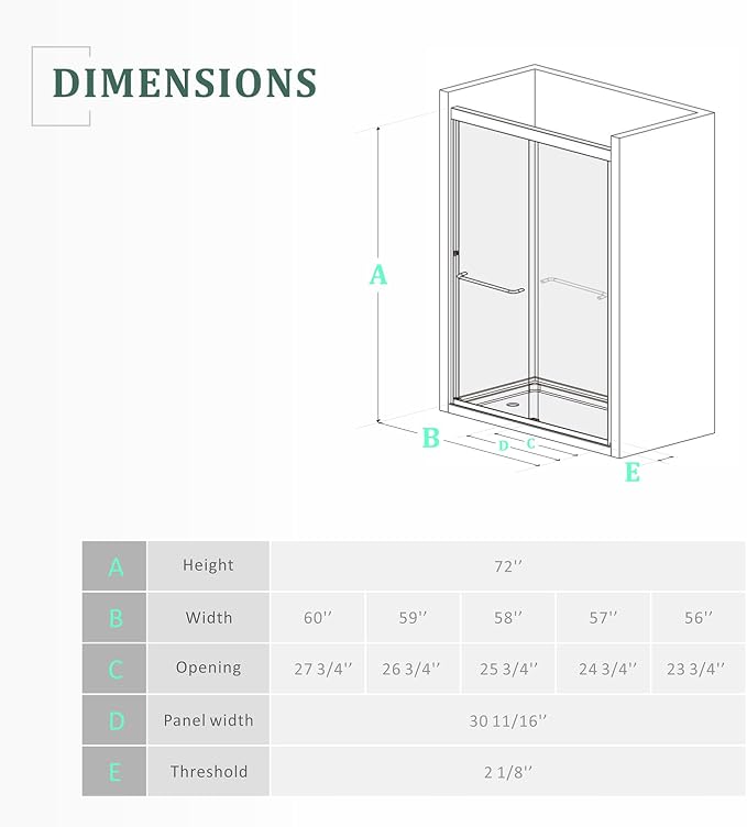 Glass Shower Door, Matte Black 56-60 inch W x 72 inch H Semi-Frameless Sliding - Image 7