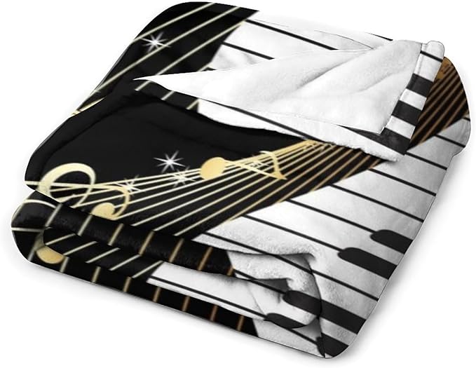 Music Note Blanket Black White Piano Keys Gold Music Note Soft Cozy Lightweight Throw Blanket for Kids Girls Boys Bedroom Living Room Dorm Chair Sofa Travel 60x80in