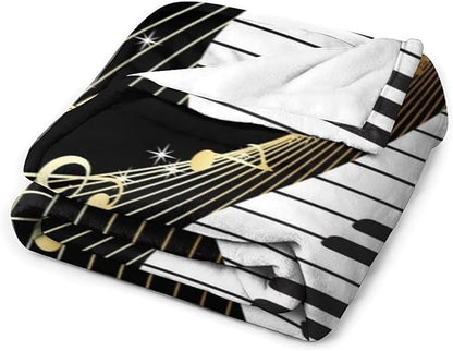 Music Note Blanket Black White Piano Keys Gold Music Note Soft Cozy Lightweight Throw Blanket for Kids Girls Boys Bedroom Living Room Dorm Chair Sofa Travel 60x80in