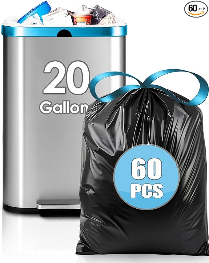 Teivio 20 Gallon 60 Counts Large Drawstring Trash Bags Strong Tall Kitchen by Teivio