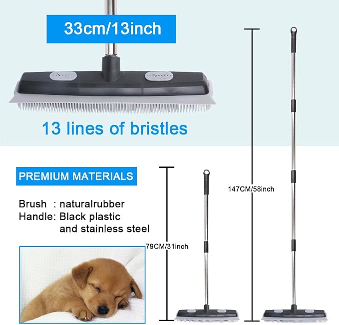 Pet Hair Rubber Broom with Carpet Rake and Squeegee, 2 in 1 Floor Brush - Image 3