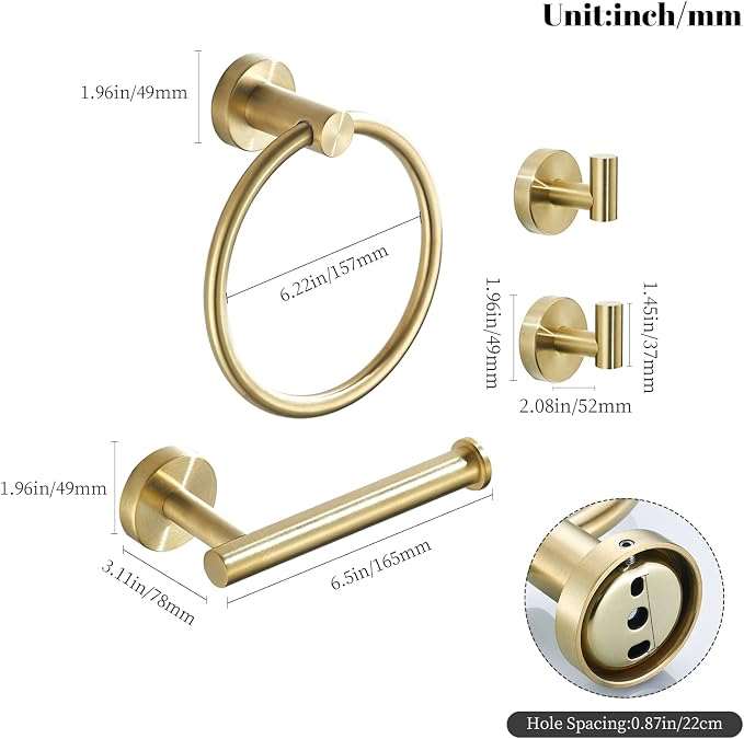 Gold Bathroom Hardware Set, Brushed Gold Toilet Paper Holder Towel Ring and 2 - Image 7