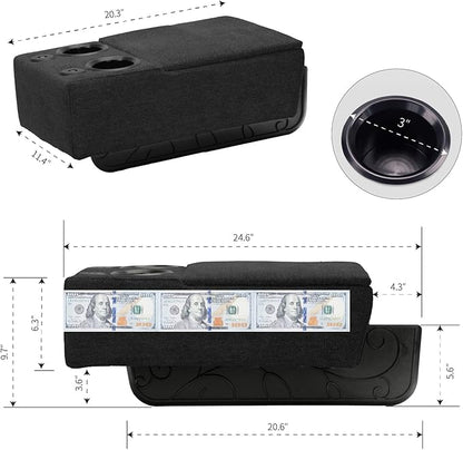 Removable Sofa Armrest with Cup Holder, PU Leather Multifunctional Couch Caddy Storage Arm Rest with Power Wireless Charging Stand & LED Reading Light for Sofa Middle Seat Adjustable