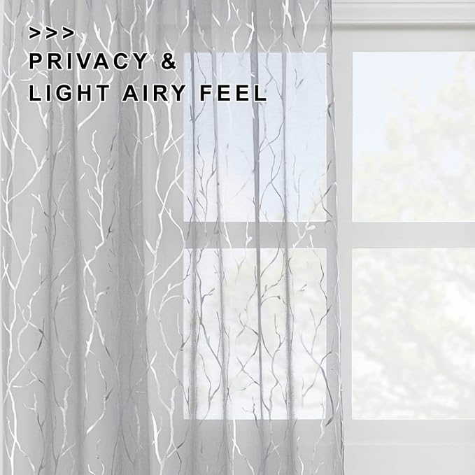 FINECITY Sheer Grey Curtains Silver Tree Branch - Image 3