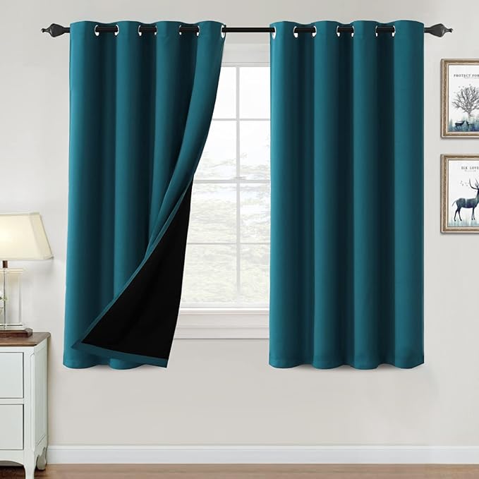 H.VERSAILTEX 100% Blackout Curtains for Bedroom Thermal Insulated Blackout Curtains 54 inch Length Heat and Full Light Blocking Curtains for Living Room with Black Liner 2 Panels Set, Dark Teal