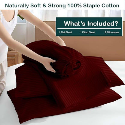 NON Sticky cotton Queen Size Sleeper Sofa Sheets, 4 Piece Egyptian Cotton Bed Sheet Set for Sofa Bed, 8" Deep Pocket for Pull Out Couch Mattress, 60" x 75", Burgundy Stripe, Soft & Breathable