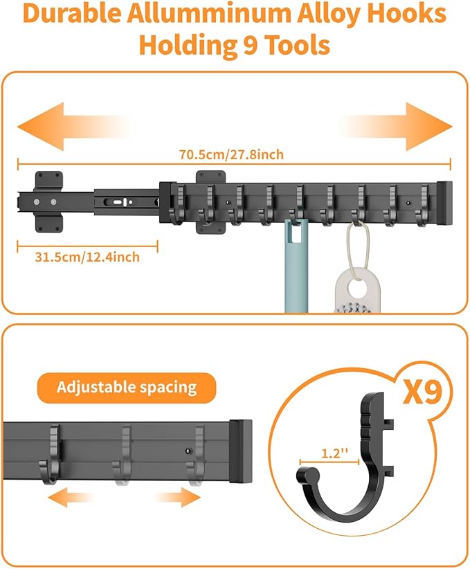 Pull Out Broom Holder With 9 Adjustable Sliding Hook, - Image 4