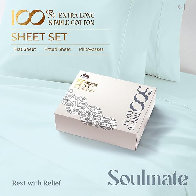 Mayfair Linen 100% Cotton Bed Sheets Queen Set - 500 Thread Count Cotton Sheets for Queen Size Bed, 4 PC Set (Aqua Foam), Ultra Soft, Cooling, Sateen Weave 16" Deep Pocket Bedsheet for Hot Sleepers
