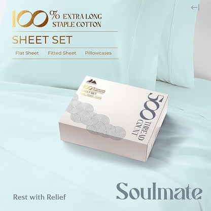 Mayfair Linen 100% Cotton Bed Sheets Queen Set - 500 Thread Count Cotton Sheets for Queen Size Bed, 4 PC Set (Aqua Foam), Ultra Soft, Cooling, Sateen Weave 16" Deep Pocket Bedsheet for Hot Sleepers