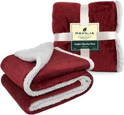 PAVILIA Sherpa Fleece Blanket for Bed, King Size, Maroon Red, Large Plush Soft Fuzzy Blanket, Cozy Reversible Winter Blanket for Women Men, 90x108 Inches