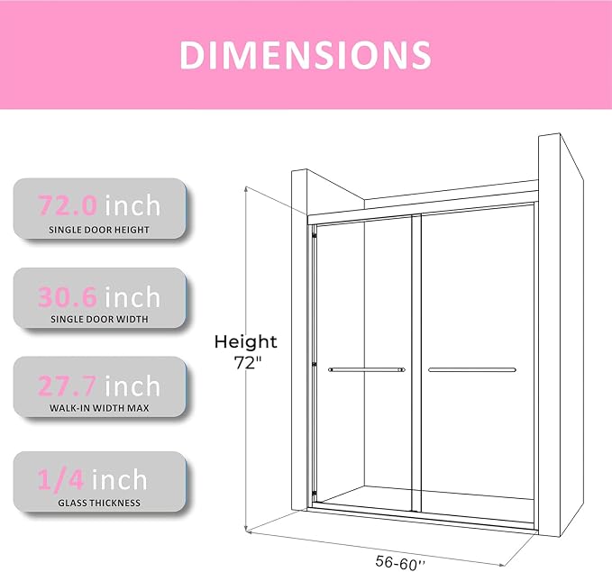 Bathroom Sliding Door 56-60 in. W x 72 in. H, Brushed Nickel Shower Door - Image 2