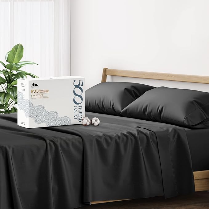 Mayfair Linen 100% Cotton Bed Sheets Queen Set - 500 Thread Count Cotton Sheets for Queen Size Bed, 4 PC Set (Black), Ultra Soft, Cooling, Sateen Weave 16" Deep Pocket Bedsheet for Hot Sleepers