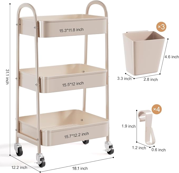3 Tier Khaki Metal Utility Rolling Cart, Storage Cart - Image 9