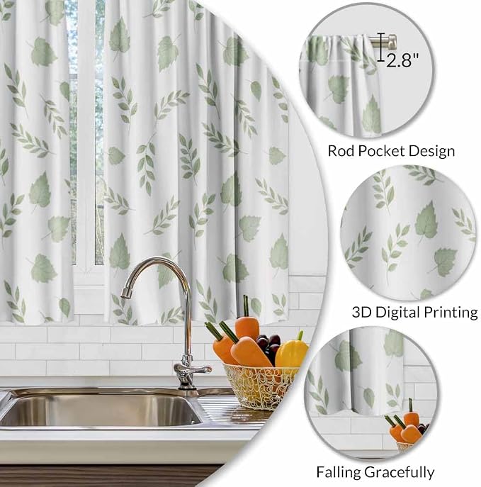 Green Botanical Kitchen Curtains Watercolor Green Leaves and Branches Nature - Image 3