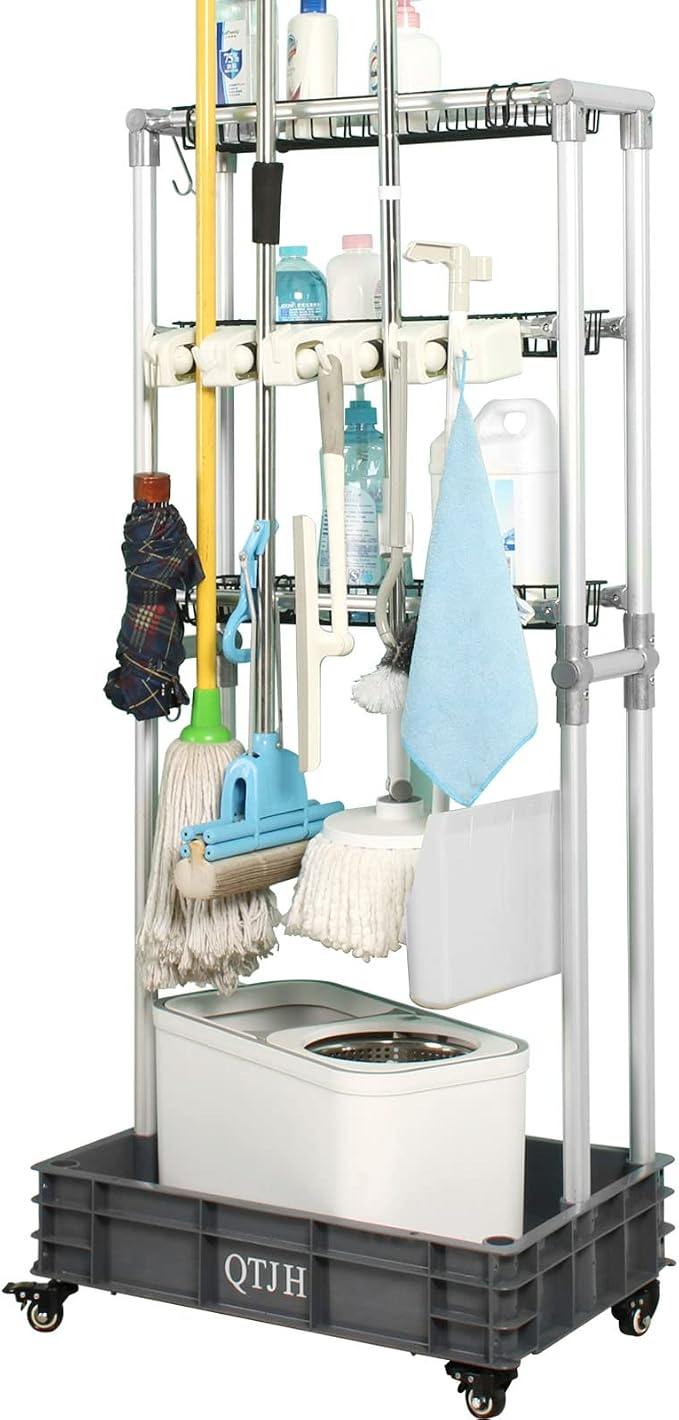 Storage Shelf Broom mop Holder Hold Your Cleaning Supplies Janitorial cart by QTJH