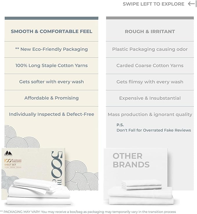 Mayfair Linen 100% Egyptian Cotton 2 Pack Twin XL Sheet Set - 500 Thread Count Cotton Sheets Twin XL Size (6 PC, Ivory), Soft, Cooling, Sateen Weave, 16" Deep Pocket College Dorm Room Bed Sheet