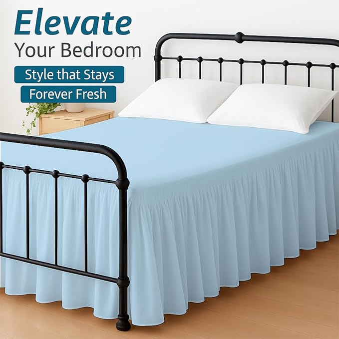 Shreem Linen Ruffled Bed Skirt with Split Corners, Gathered Style, 100% Microfiber, 10-Inch Drop, Dust Ruffle Bedskirt with Platform, Queen-XL, Light Blue
